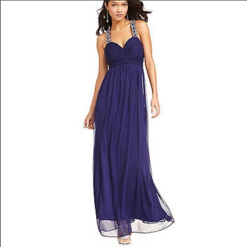 Betsy & Adam Navy Blue Embellished Racerback Gown Ruched Formal Dress Size 8